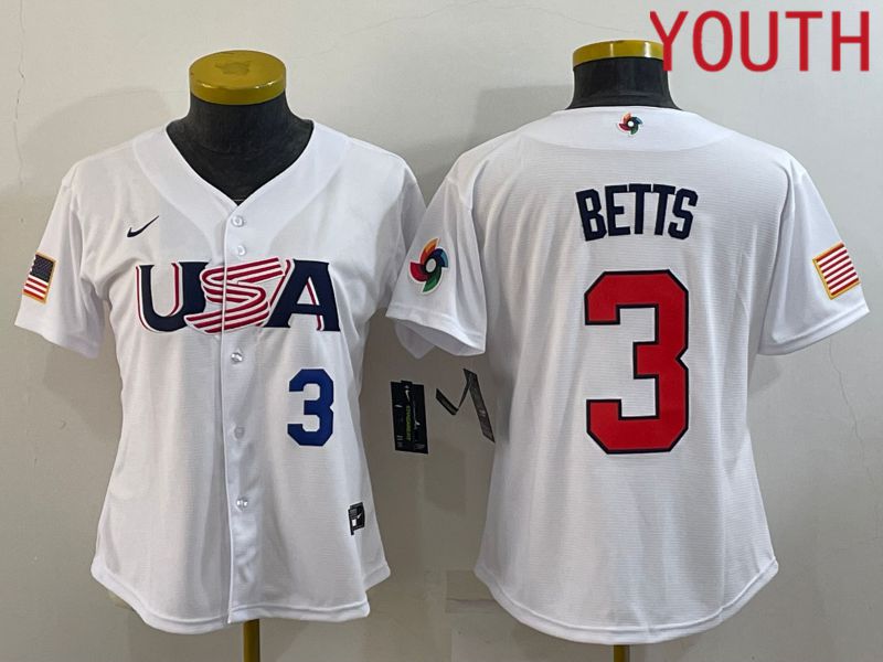 Youth 2023 World Cub USA #3 Betts White MLB Jersey2->youth mlb jersey->Youth Jersey